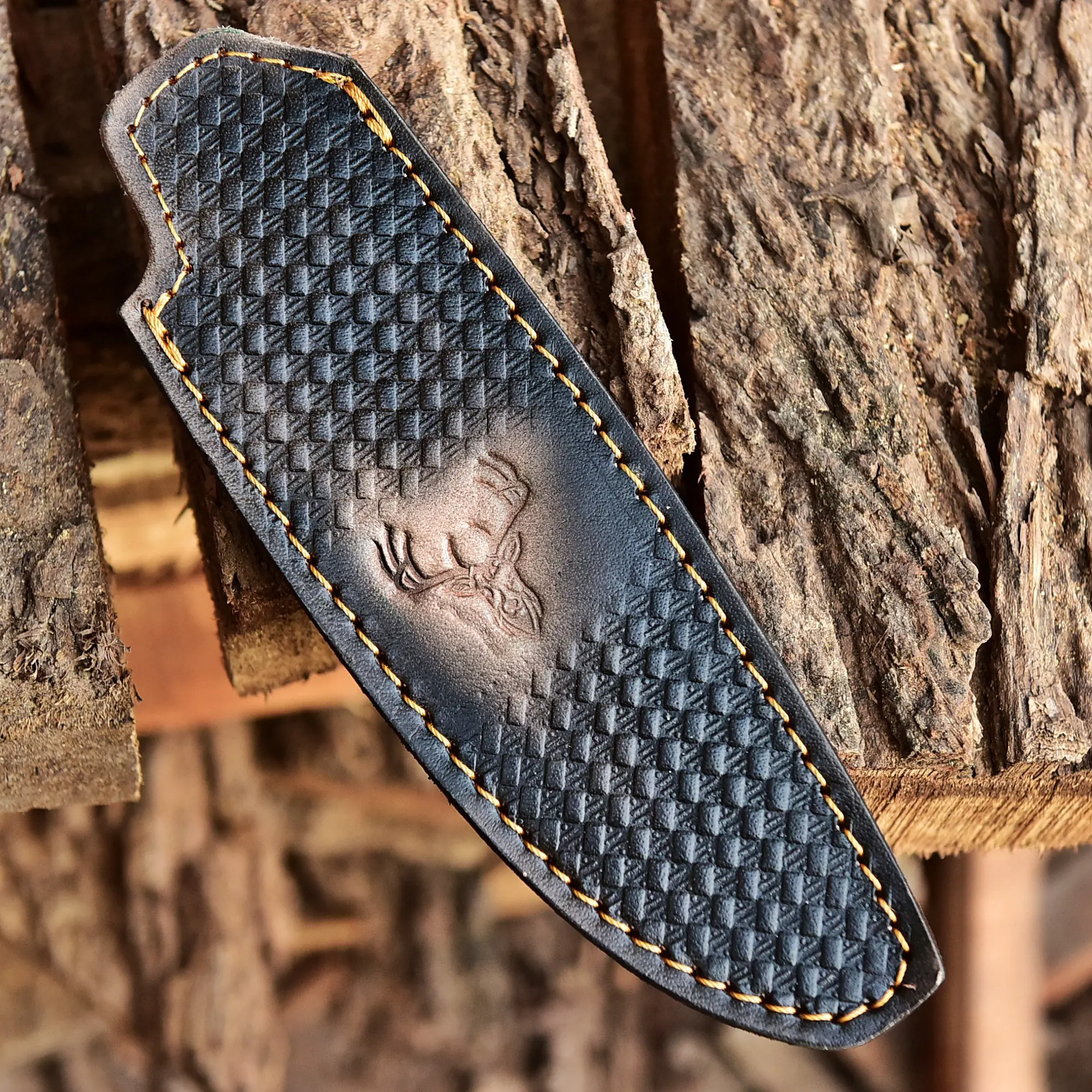 Custom Hand Stitched Full Grain Deer Engraved Leather Knife Sheath