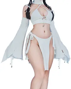 Japanese Winter Fox Cozy Outfit Original Designs White & Red Cotton Set with Keyhole Chest & Heart Rhinestones