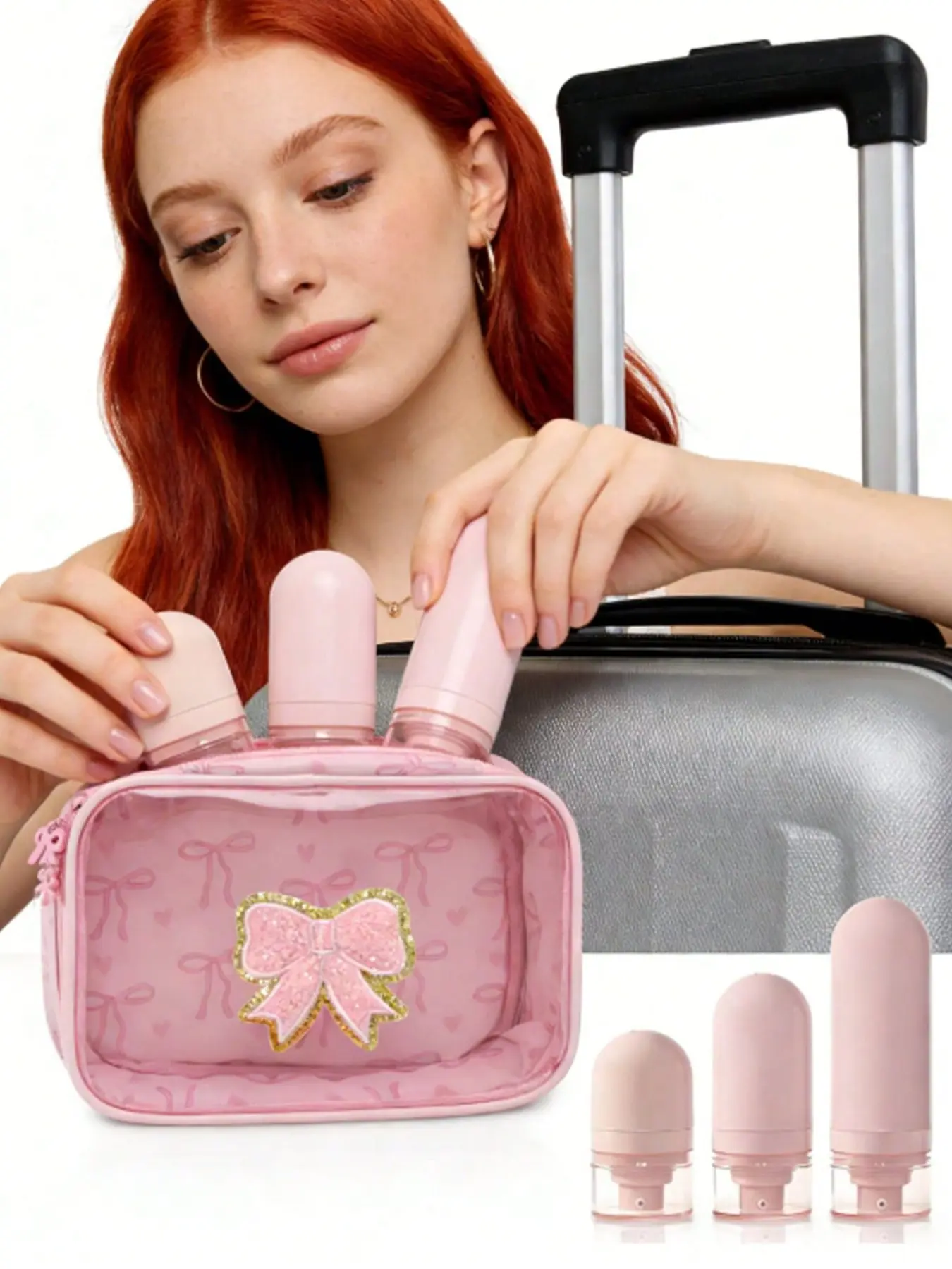 1/4 Cute Butterfly Print Transparent Patchwork Makeup Bag and Travel Size Bottle Set, Square Portable Toiletry Storage Bag, Skincare Cream/Travel Storage Container, Travel Pink Bow Makeup Bag Cute Cosmetic Bag