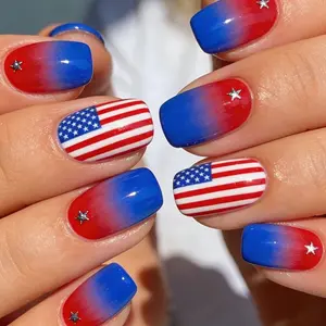 Short Square American Flag Nail Art, Independence Day Trend, Easy Apply False Nails, 24 Pieces Set, Perfect for Summer Manicure, Glitter Nails, Glitter Decorative Nails