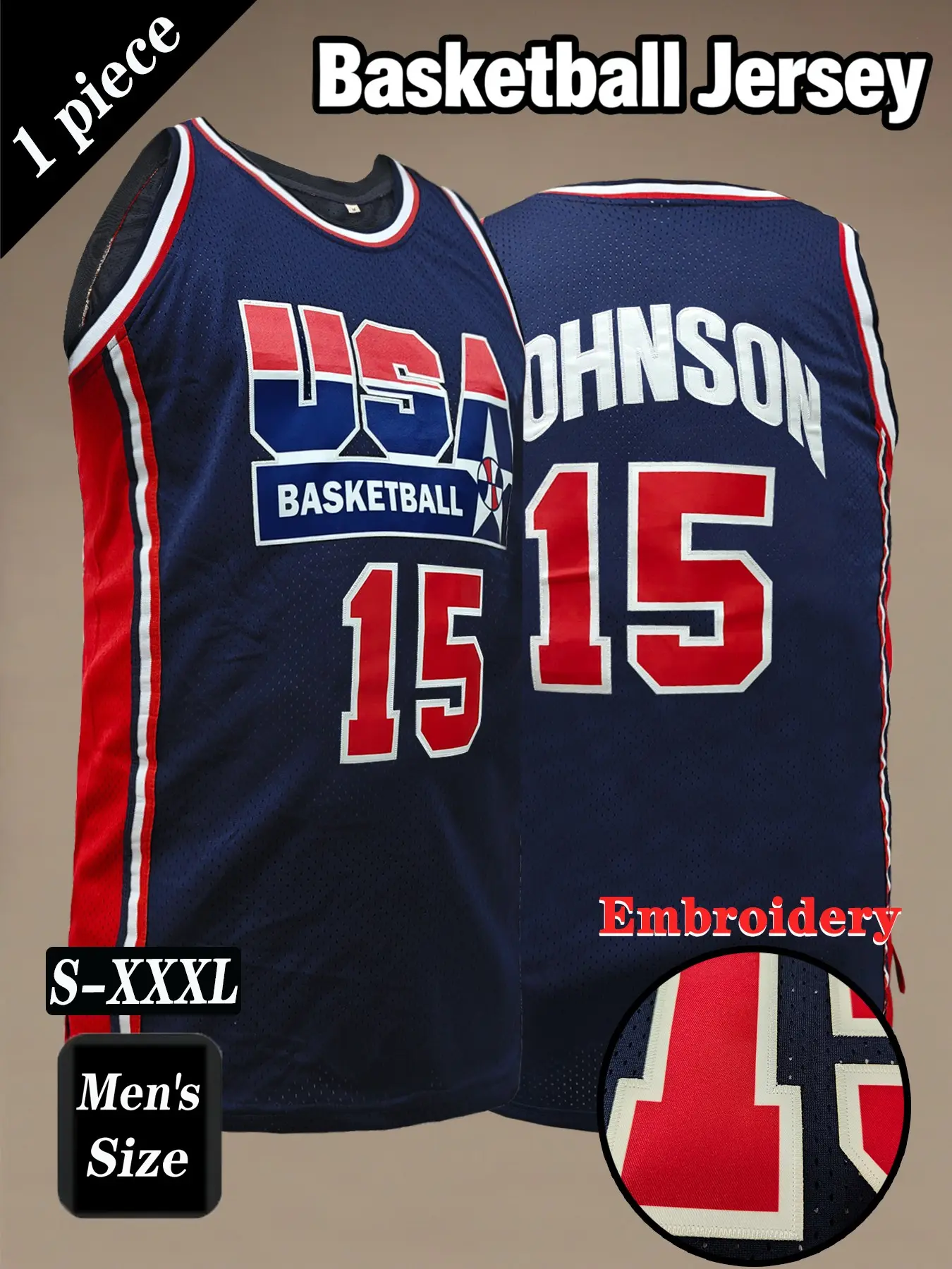 Men's Retro USA Basketball Jersey, Embroidery Jersey, Classic #15 Dream Team Embroidered Sportswear, Sports Clothing, Loose Fit Sleeveless Vest, Casual Outdoor Activity