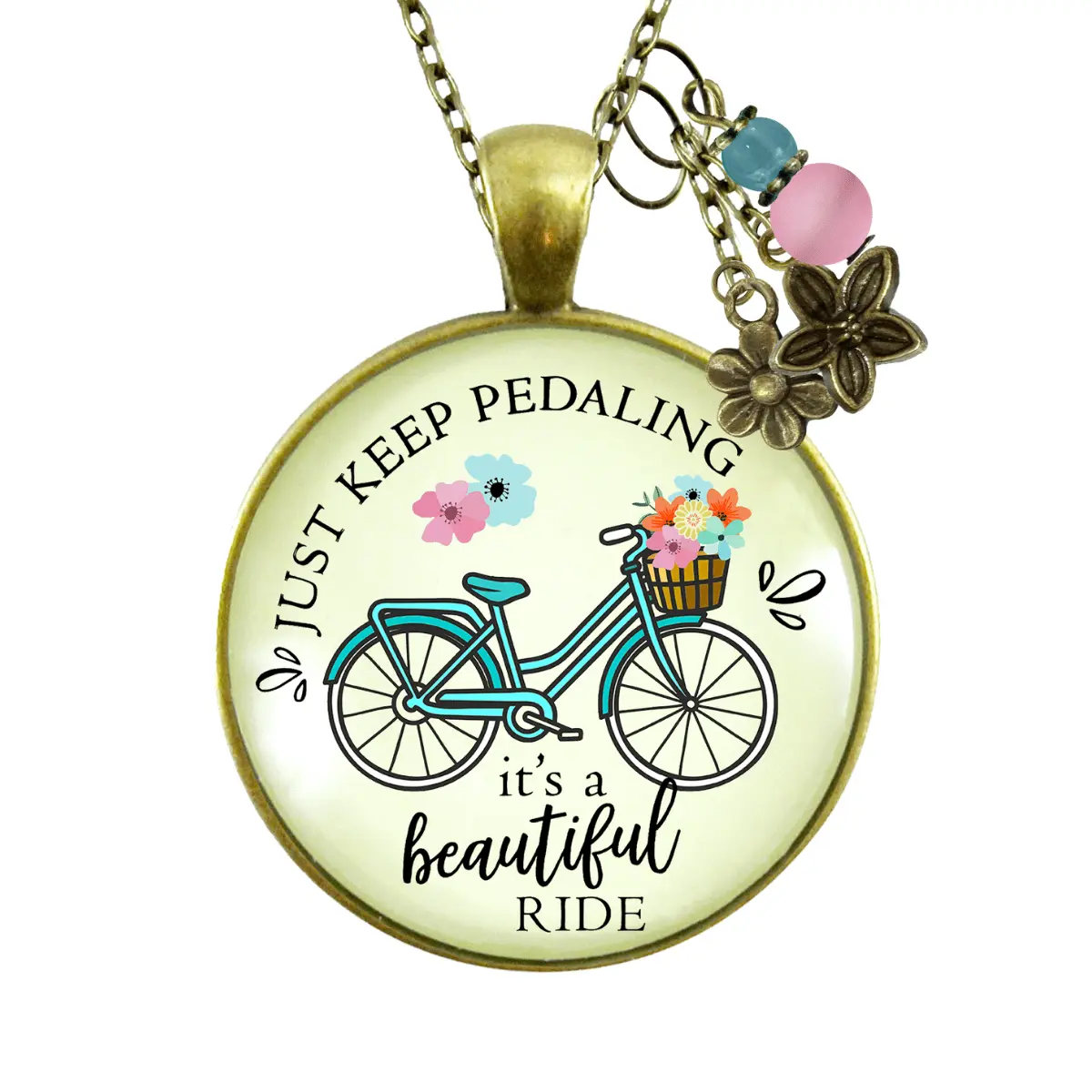 Just Keep Pedaling Bicycle Necklace Beautiful Ride Summer Boho Chic Colorful Pendant Flower Charms