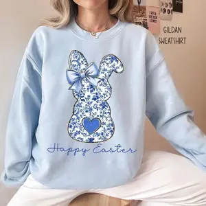 Coquette Bow Easter Bunny Sweatshirt, Blue Floral Rabbit Graphic, Spring Holiday Style, Soft Cotton, Made In USA, For Youth & Adult