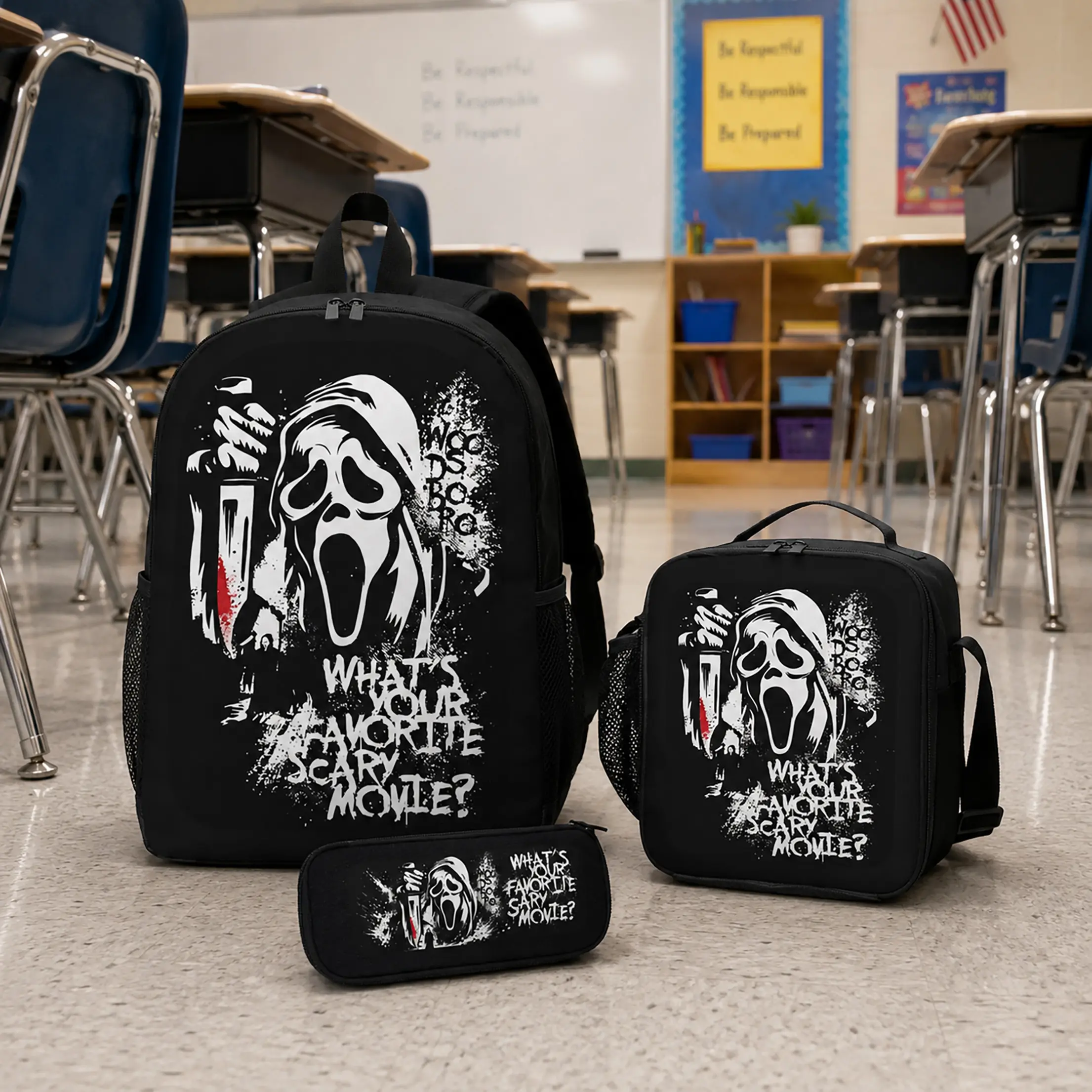 Horror Movie Print Scream 3-Piece Polyester Backpack Set - Lightweight, Large Capacity, Includes School Bag, Lunch Bag & Pencil Case, First Day of School Gift for Teens