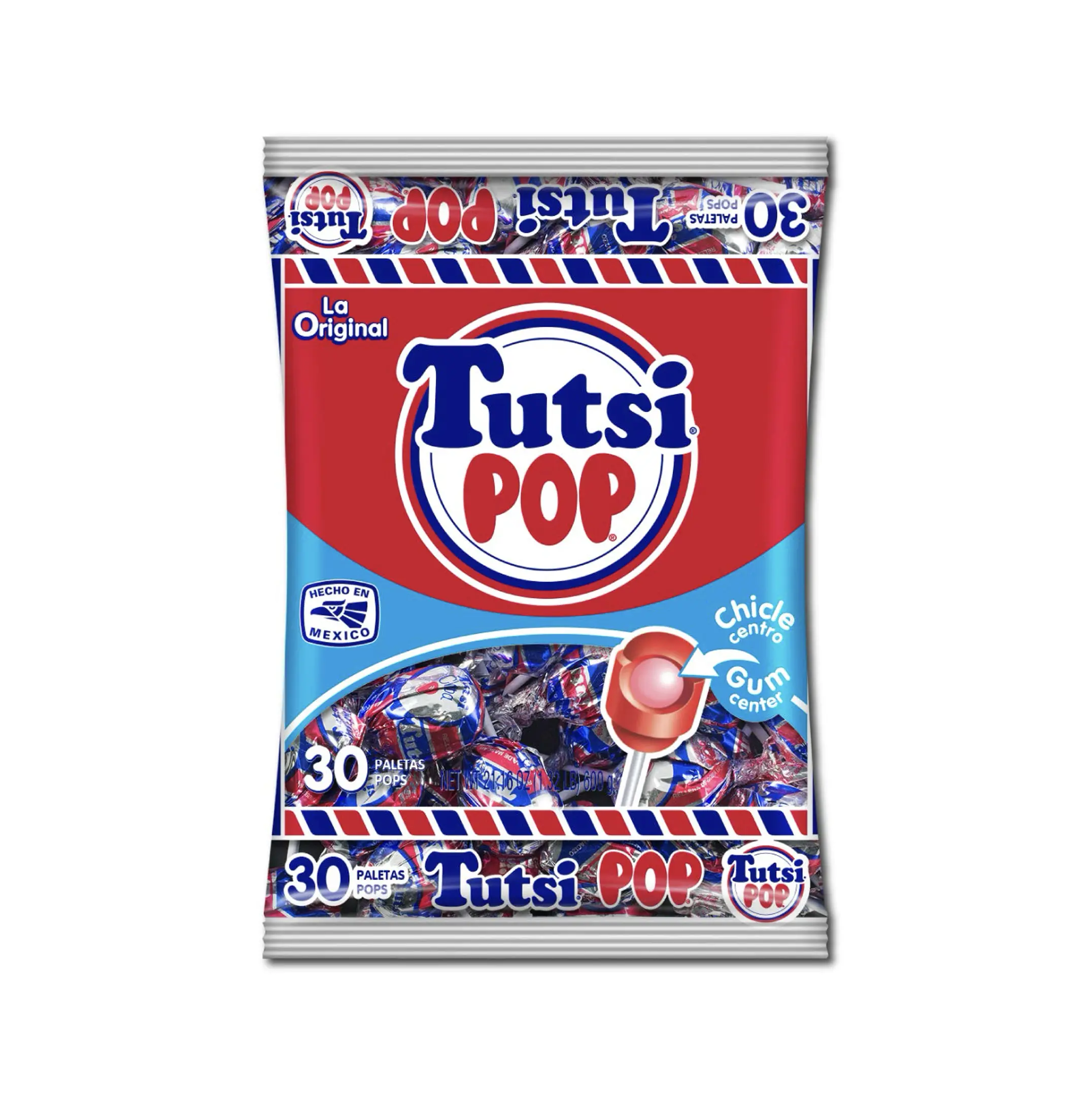 Tutsi Pop La Original Mexican Candy Pops with Cherry Flavor with Tutti Frutti Gum Center Snack 30 Pieces Sweet Bonbon