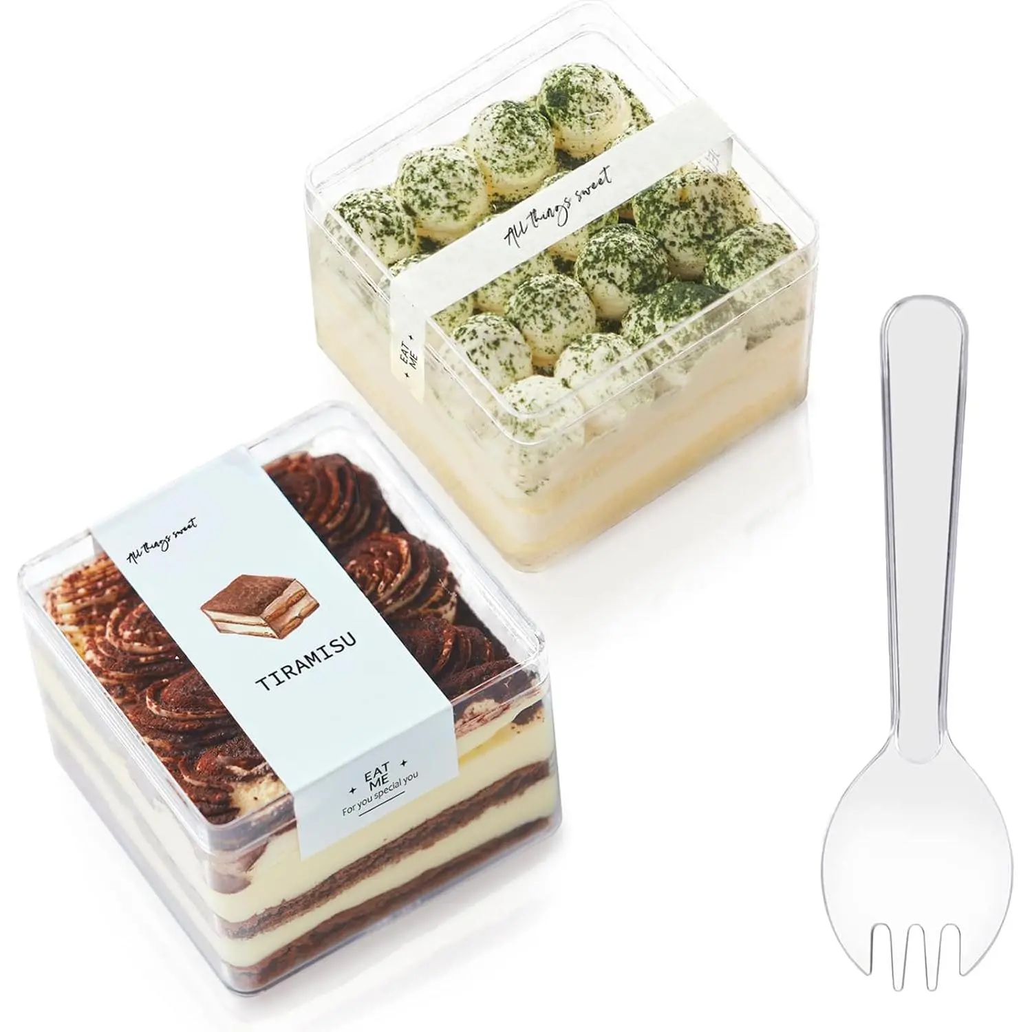 Disposable Plastic Square Dessert Cups with Lids, Sporks & Stickers, 20-Pack 12oz (3.3*3.3*2.5in) Baked Goods Containers for Cookie, Tiramisu, Fruit Pudding - Home & Festive Party Supplies