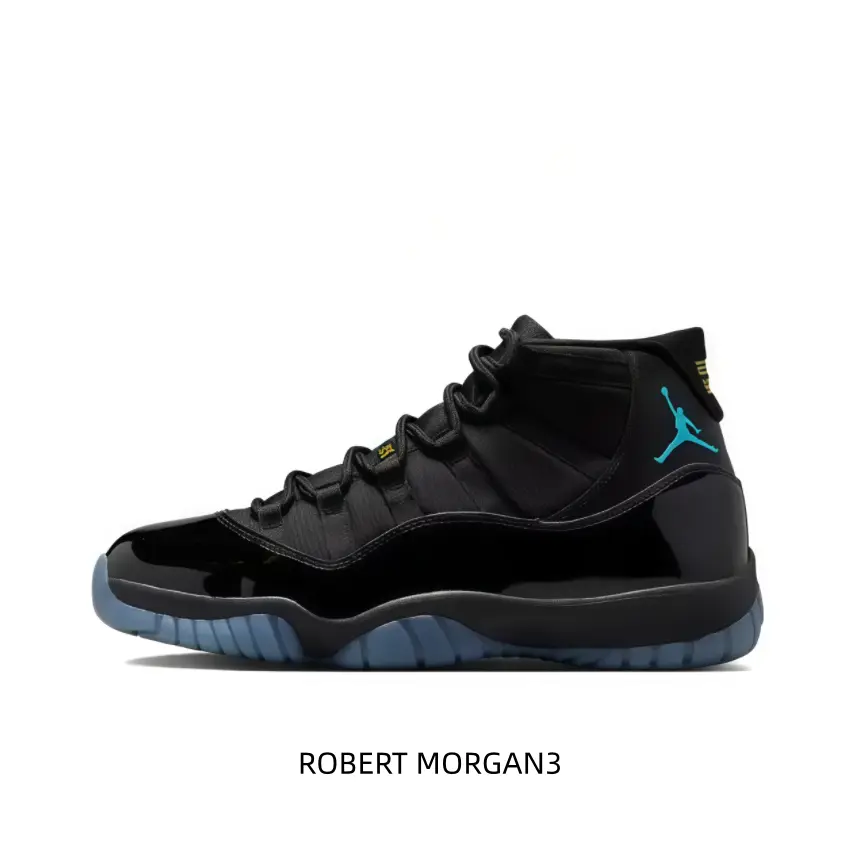 Air Jordan 11 High black gamma blue retro sneakers, glossy patent leather upper with turquoise Jumpman logo and icy blue outsole.