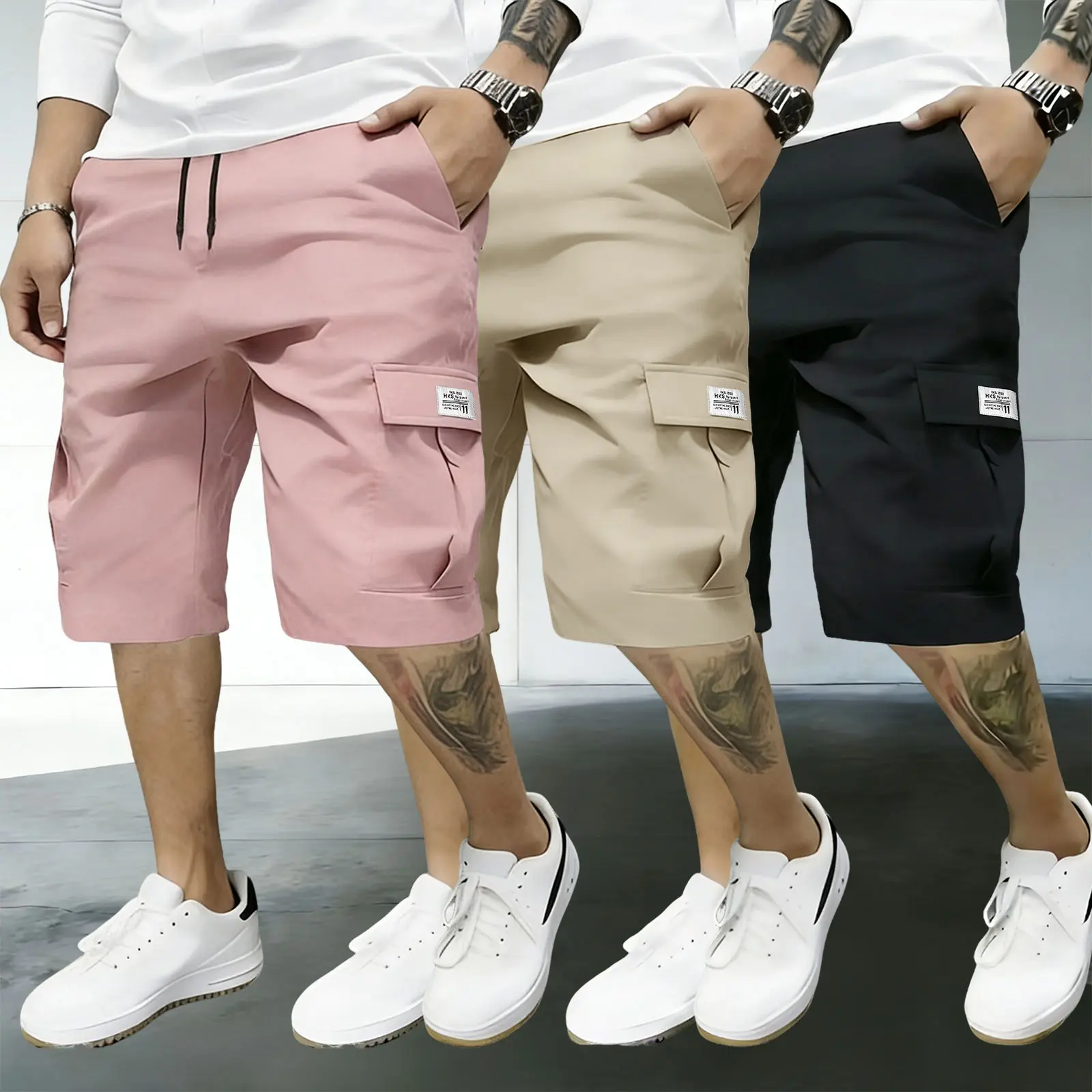 3-pack men’s summer cargo shorts, men’s casual athletic knee-length shorts — American streetwear brand, street-style pants