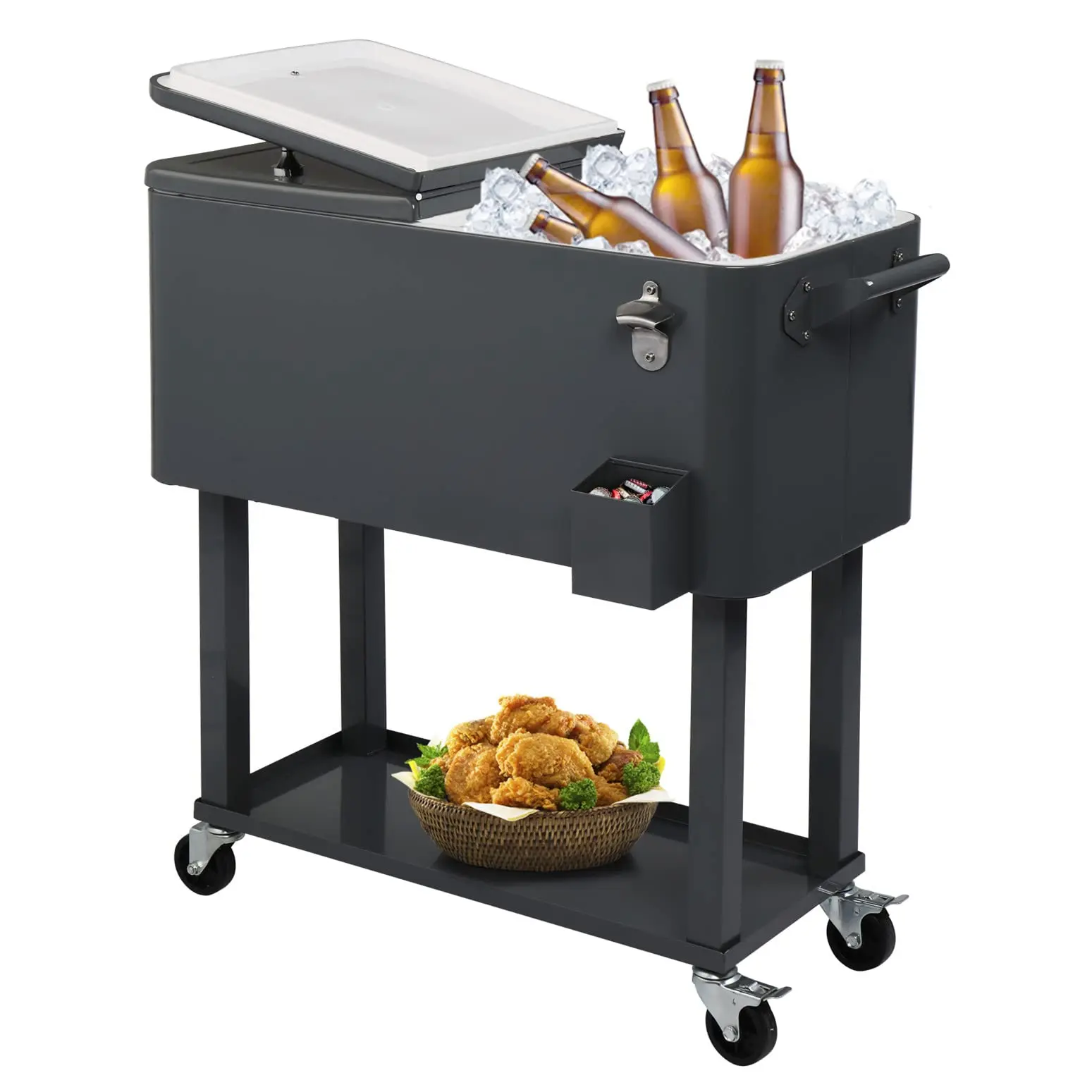 80 Qt Capacity Stainless Steel Plastic Rolling Cooler Cart with Locking Wheels, Storage Shelf, Bottle Opener, Secure Rolling Base for Outdoor Party Cooling Needs, Outdoor Parties, 80 Quarts Capacity