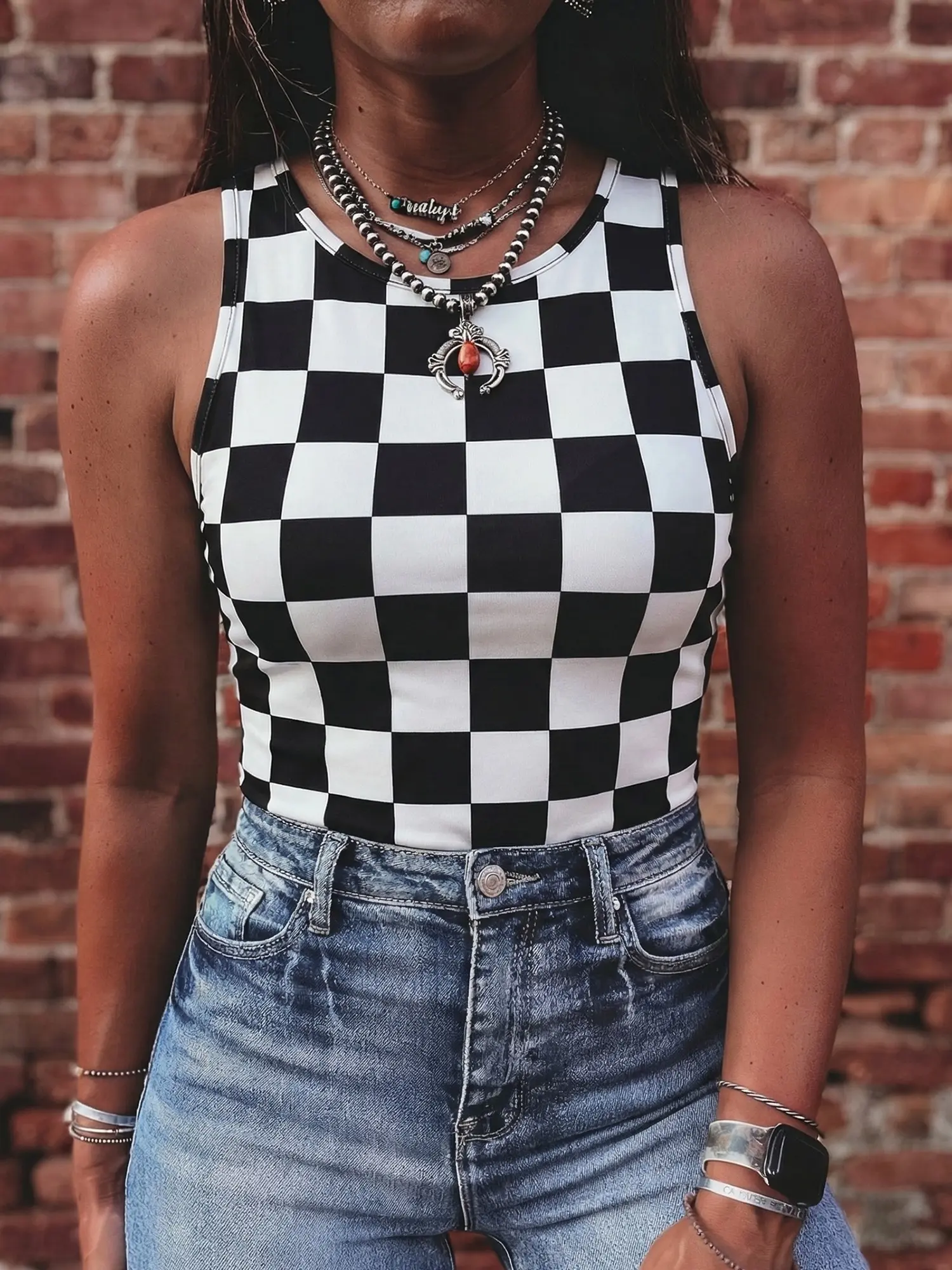 Women's Trendy Black & White Checkered Tank Top, Casual Sleeveless Crewneck Slim Fit Summer Shirt