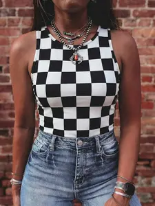 Women's Trendy Black & White Checkered Tank Top, Casual Sleeveless Crewneck Slim Fit Summer Shirt