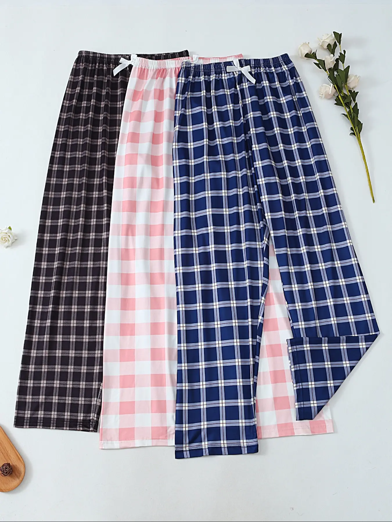 Women's Long Sleep Pajama Pants, Fitted, Casual, Knit, Plaid Print Check, Spring Summer Wear, Autumn Winter Comfortable Loungewear, Ladies Nightwear for Home Use, Fitted Casual Pajamas