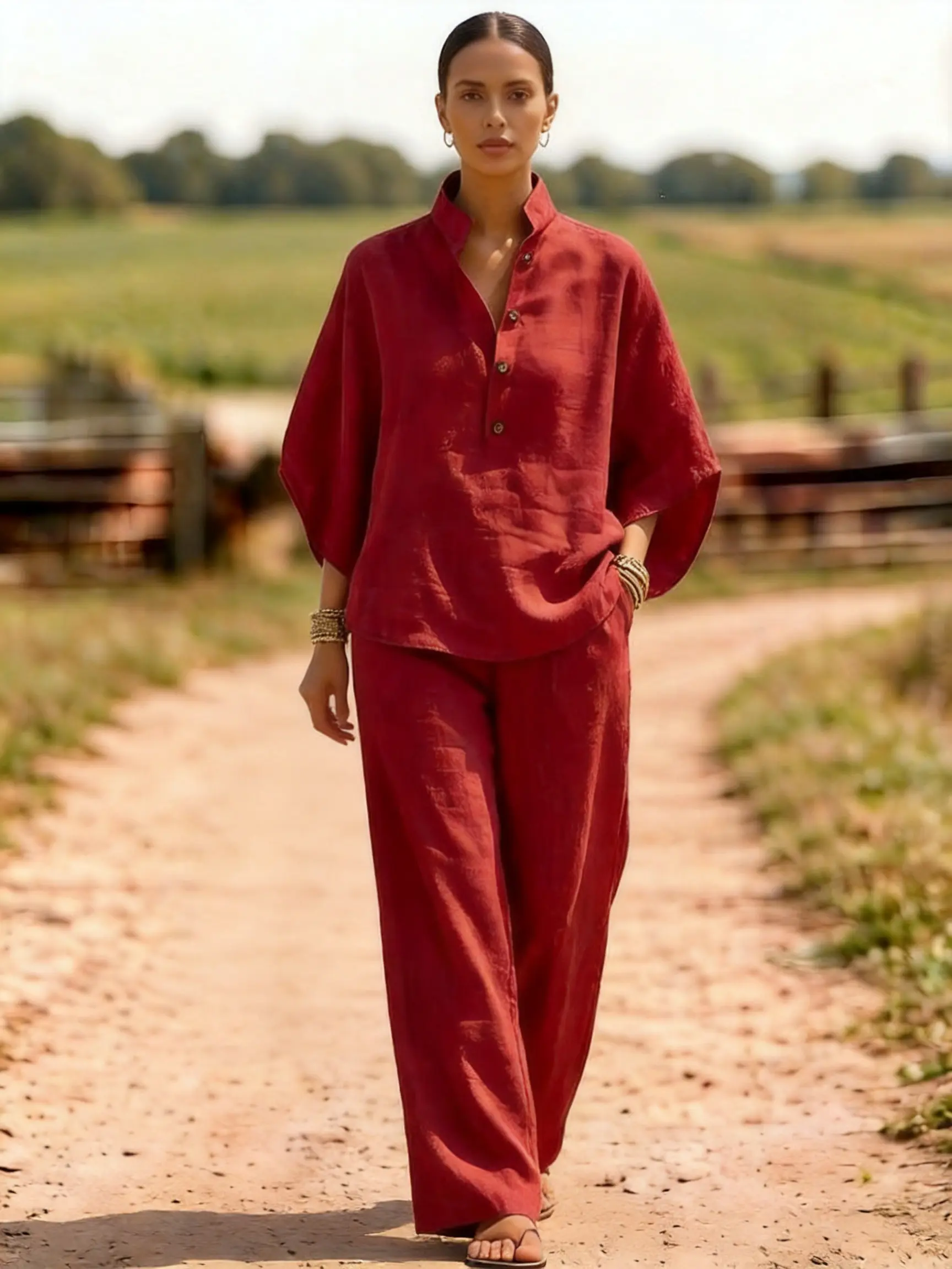 Women's Cotton Linen 2 Piece Outfits, Collared Button Down Shirt & Elastic Wide Leg Pants Casual Loungewear Set