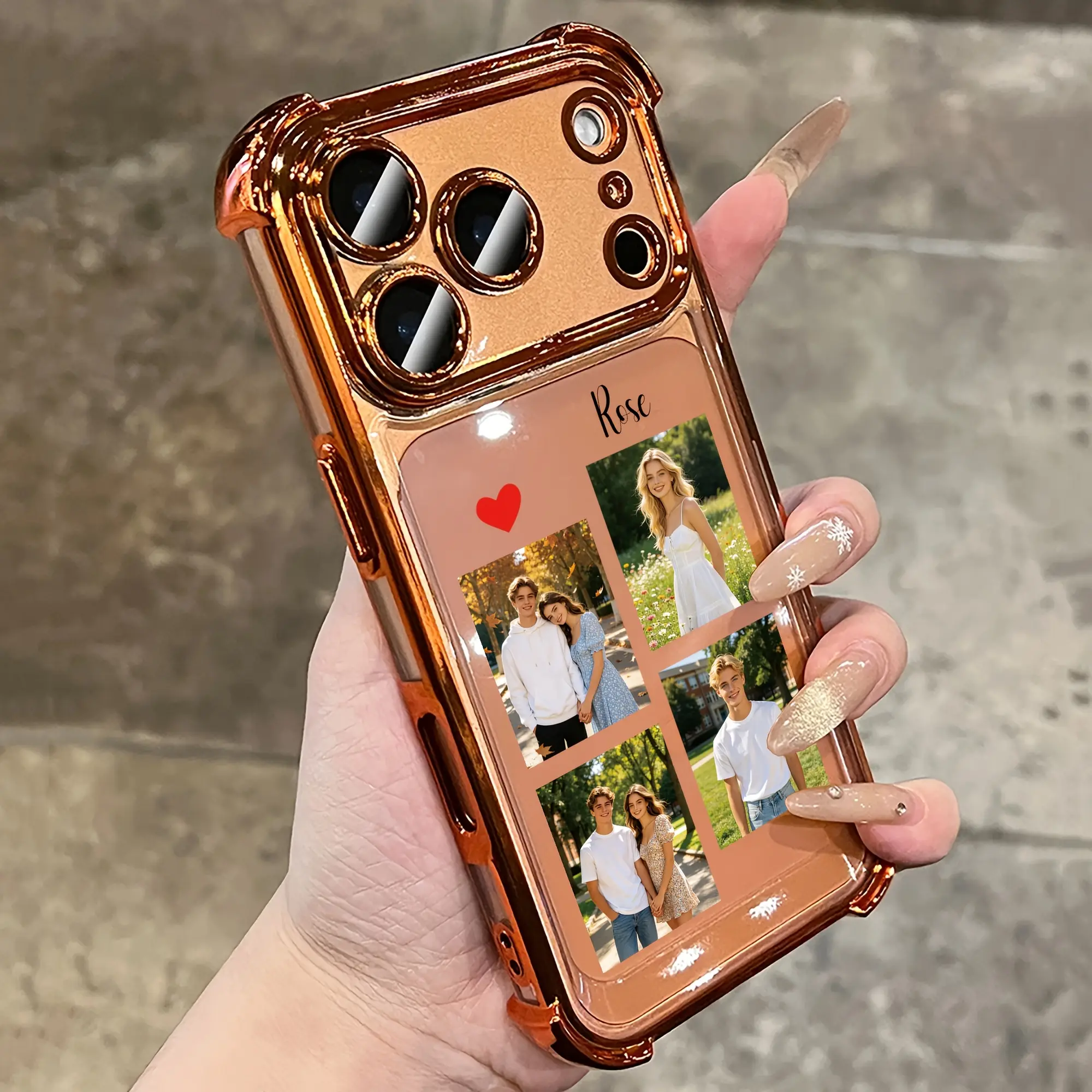 Phone Case - Transparent Phone Case Customized Name Heart Patterns 4 Photos Collage Compatible with iPhone 17/16/15/14/13/12/11/ProMax/Air/Plus, Samsung Galaxy S series TPU Lens Protector Film Four-Corner Anti-Fall Electroplate Shockproof Clear Back Cover