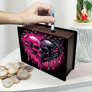 Handmade Wooden Skull Heart Coin Bank, Wooden Savings Box, Piggy Bank, Comfortable Candlelight Nest Design, Deep Reusable Money Box, Perfect Gift for Home Office Decor