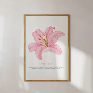 Unframe-Style Luke 12:27 Christian Scripture Lilies Art Poster - High-DPI, Waterproof, Blush Pink Floral Coquette Wall Art with Box for Home, Kitchen Decor (Home Supplies, Posters & Prints)