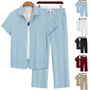 Men’s Hawaiian business casual loose short-sleeve shirt and pants set; lightweight solid-color versatile two-piece set with a relaxed, comfortable style, #SummerWins, #fathersdaygift