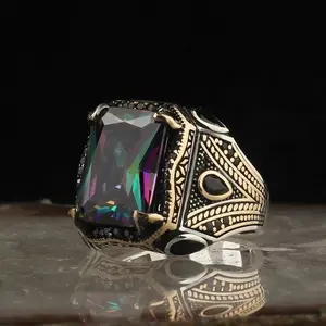 Vintage Men's Ring with Colorful Zircon, Handcrafted Inlaid Jewelry for Party & Daily Wear