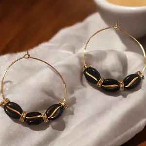 18k Gold Plated Espresso Martini Three Bean Golden Hoop Earrings with Black Beads and Simple Design