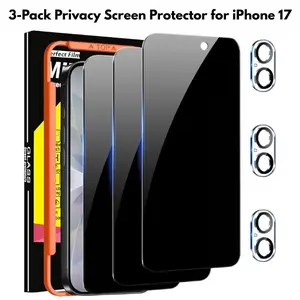 3-Pack Privacy Screen Protector for iPhone 17 – Anti-Spy Tempered Glass (Case Friendly) + Camera Lens Protector, Easy Install Mounting Frame, Black