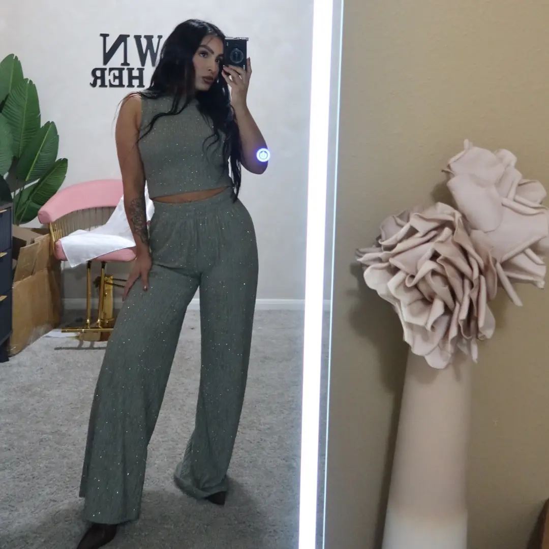 Crinkled Rhinestone Crop Top Loungewear Pant Set - Super Stretchy & Stylish Crinkled Fabric with Rhinestone Embellishments for Comfortable Casual Wear