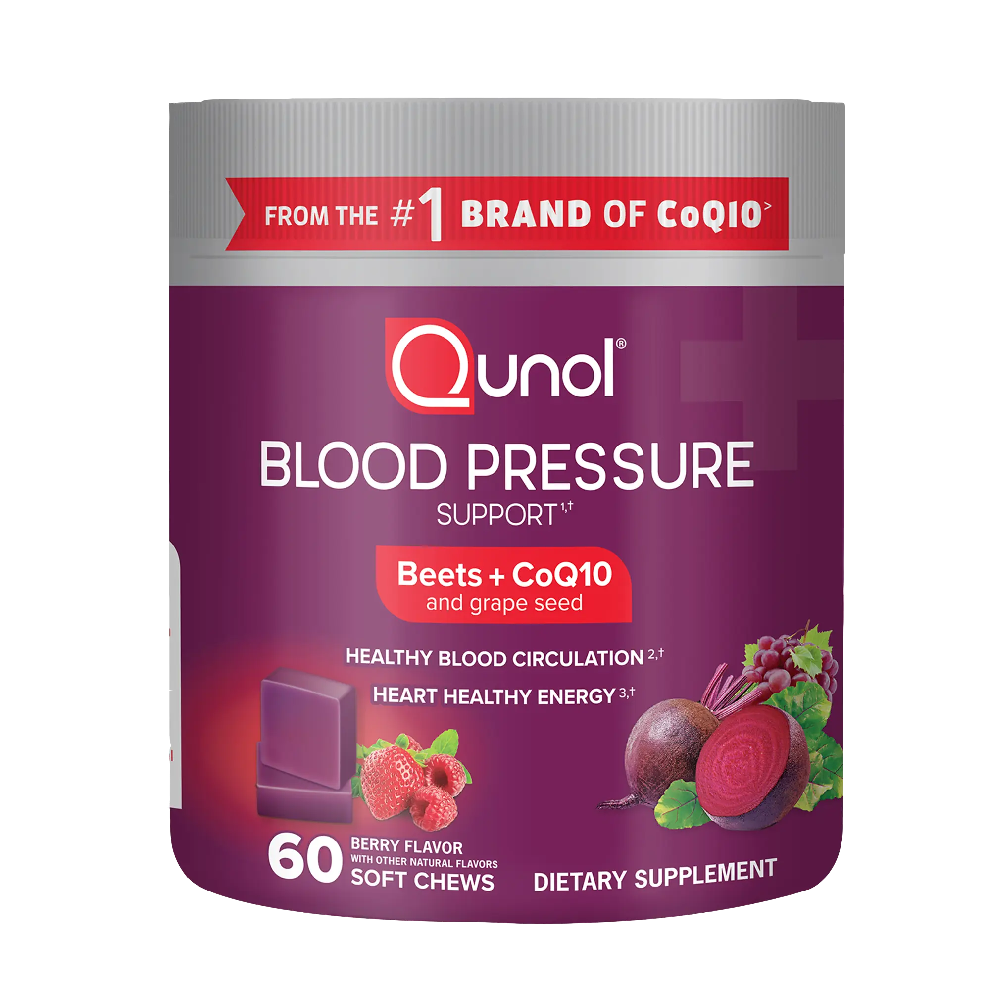 Qunol Beets Chews for Blood Pressure Support, 3 in 1 Beets + CoQ10 + Grape Seed Extract, Supports Healthy Blood Circulation & Heart Healthy Energy