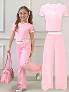 Girls' Bow Tie Long Pants Set, Summer T-Shirt & Loose Straight Leg Pants, Casual Fashion Wide Leg Shorts Two-Piece Set for Kids Casual Outfit Set Clothes Kids Summer Clothing Set, Summer Outfits Set