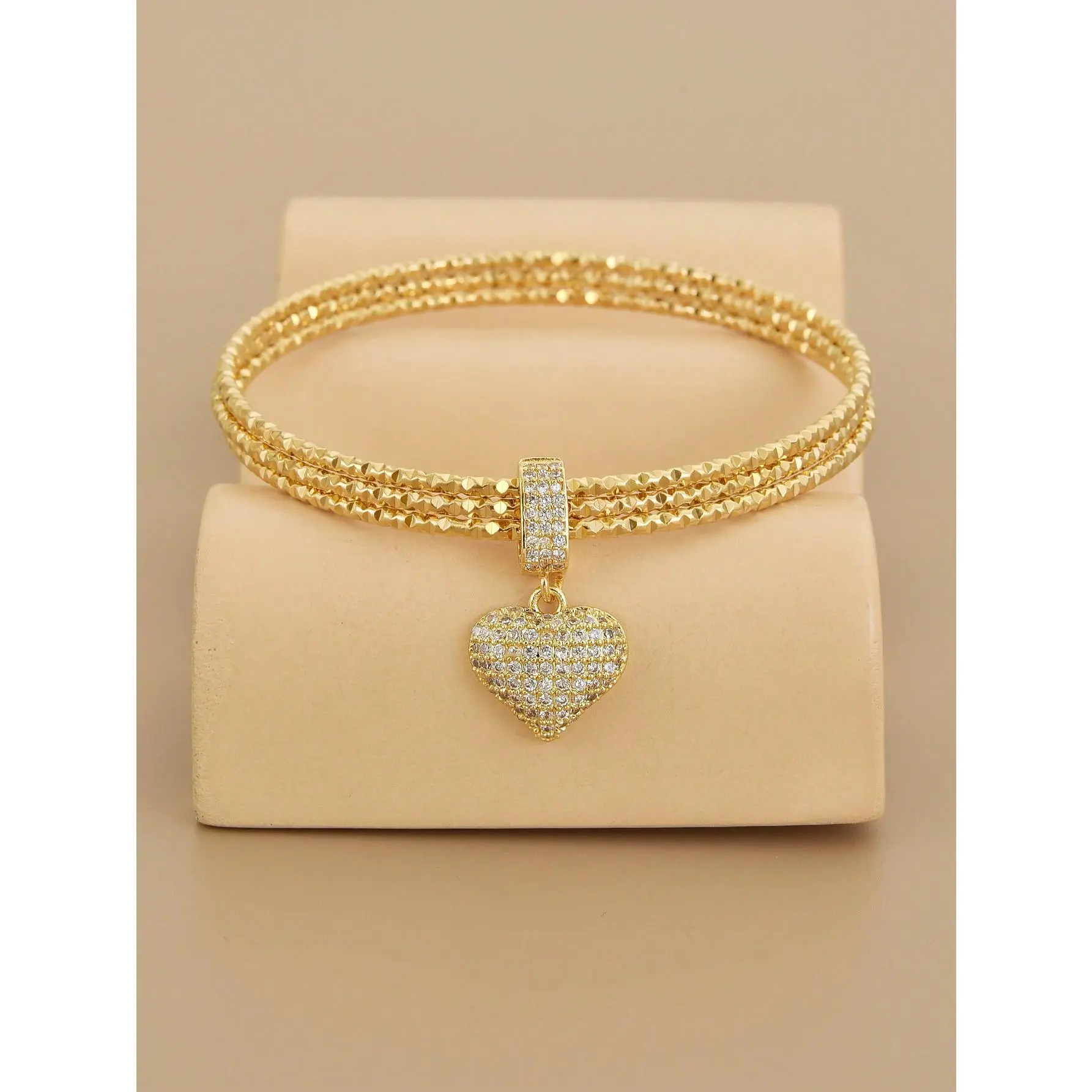 4pcs Gold Rhinestone Heart Bangle Set - Stainless Steel Women's Luxury Bracelets, Crystal Elegance for Prom & Parties