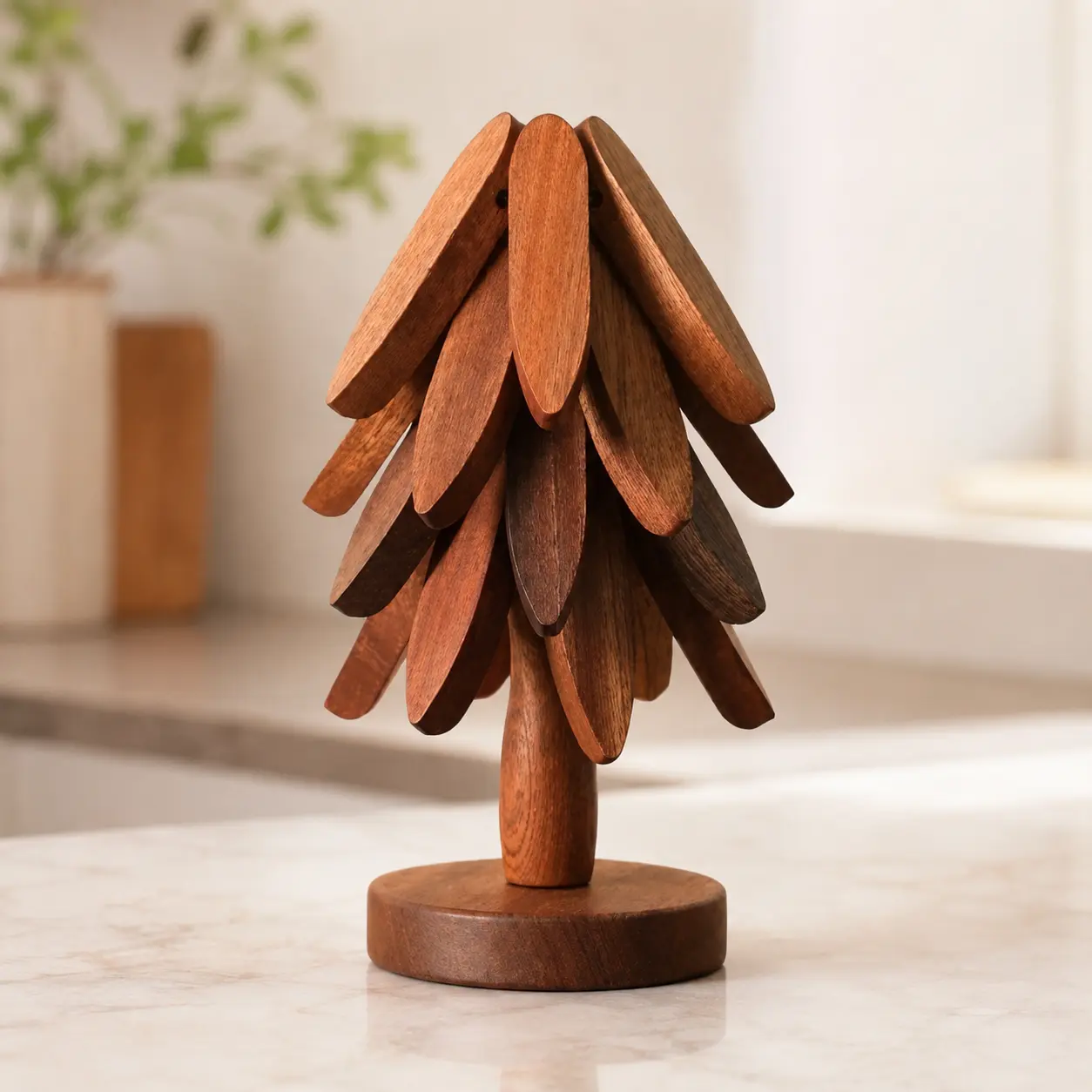 Multi Use Wooden Tree Trivet Hot Pad Set - Auto-Flatten Heat Resistant Mats for Countertops, Cute Tree Shape Stand Decor for Kitchen, Ideal Gift for Housewarming/Baking Lovers