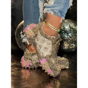 Women's Thick Sole Sport Shoes with Rhinestone Details, Fashion Casual Sneakers, Letter Embroidery Design, Perfect for Daily Wear