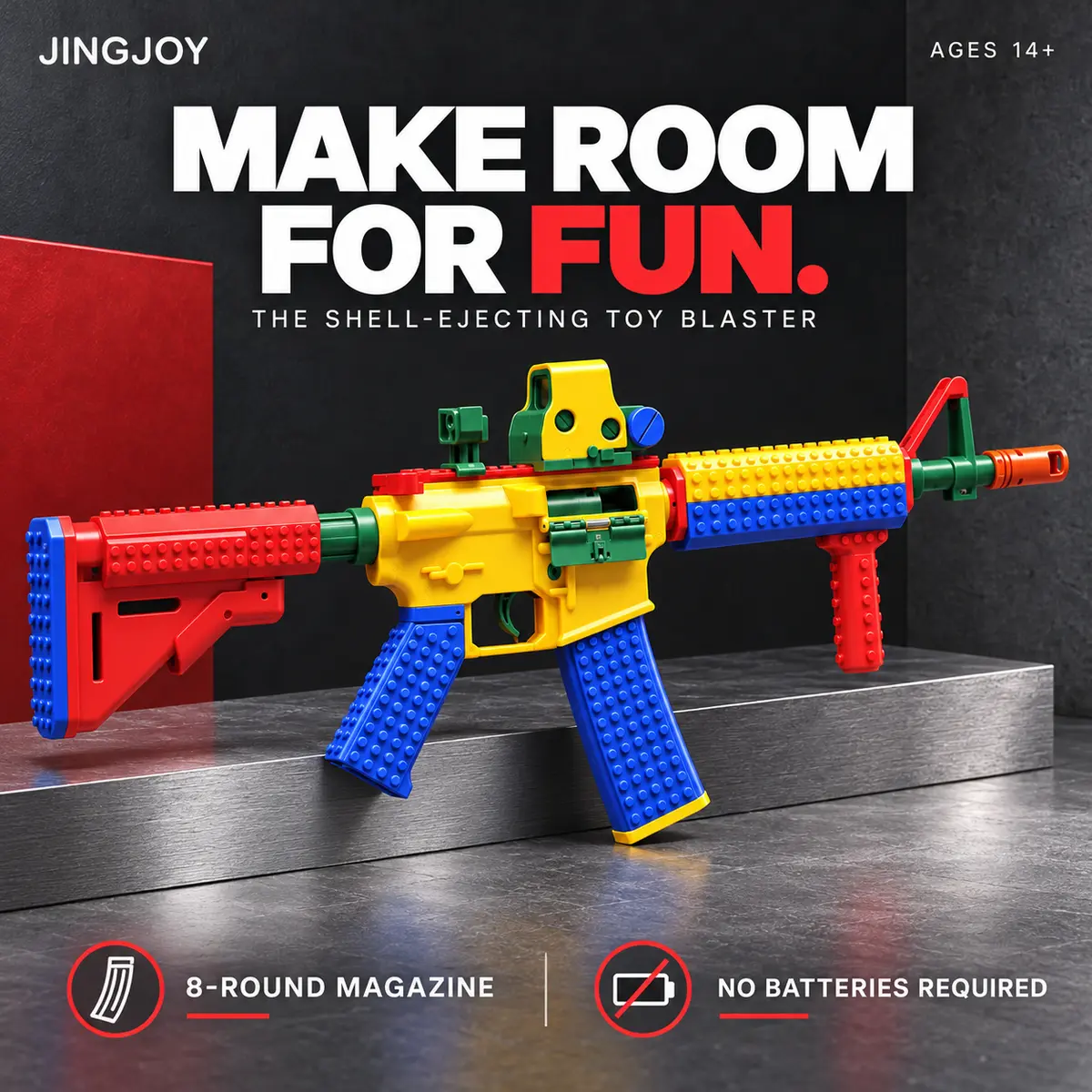 JINGJOY Building Block Toy Blaster with Shell-Ejecting Action, 8-Round Magazine, 100 Projectiles, 4-Position Adjustable Stock, Modular Build, No Batteries, Ages 14+