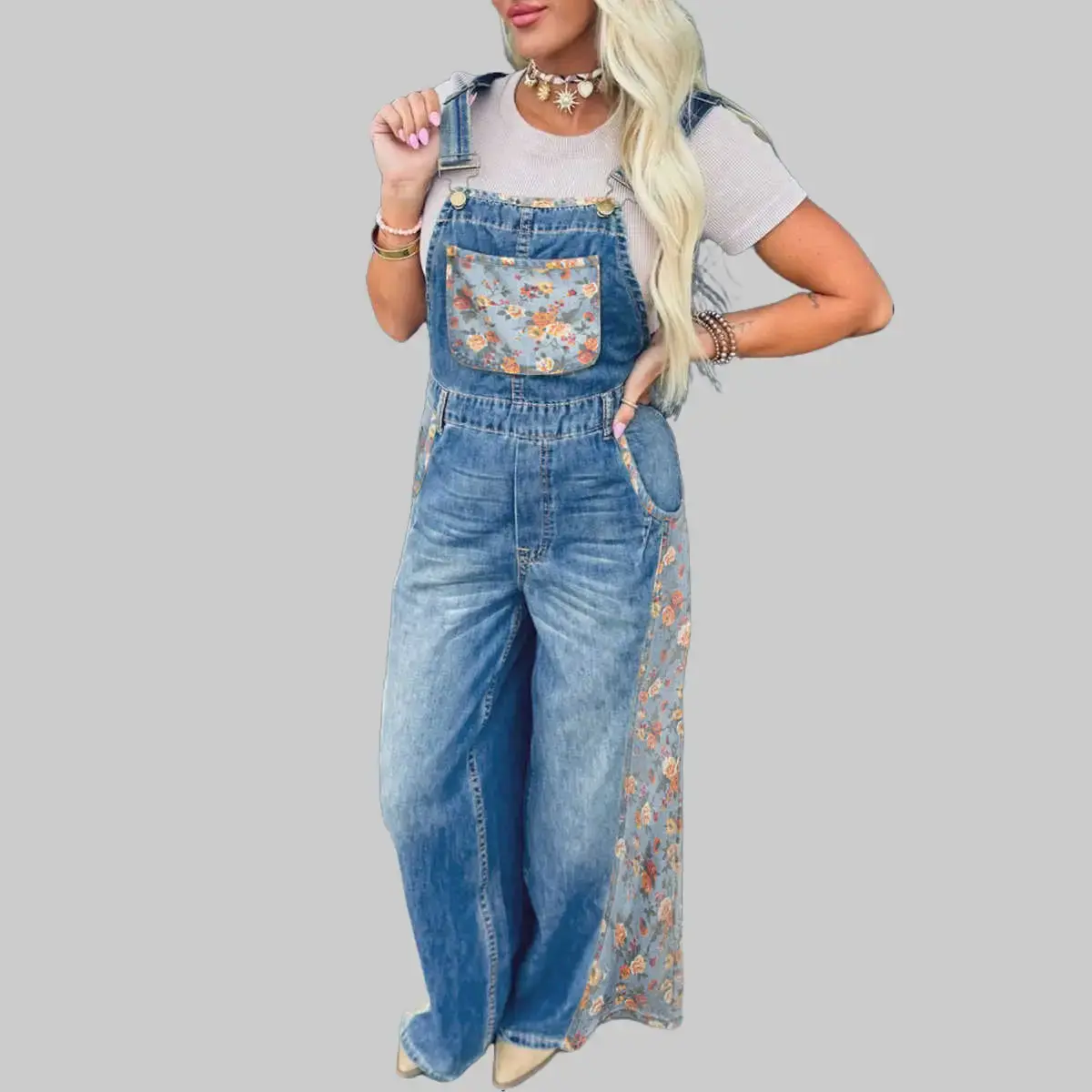 【Size runs small, order 1 size up】Women's Casual Sleeveless Retro Peacock Blue Floral Patchwork Bib Denim Adjustable Wide-Leg Overalls - Cotton Fabric, Stylish Comfort, Strappy Adjustable Straps, Pocketed Design, Women's Outfits Jumpsuit, Overalls For Wom