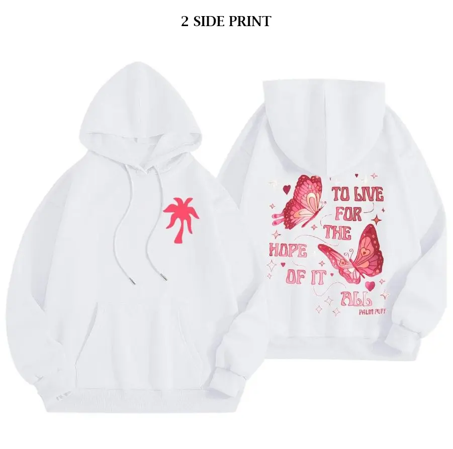 Pink Palm To For Live The Hope Of It All Print Puff Hoodie - Unisex, Loose Fit, Cotton-Polyester Blend, white hoodie,
