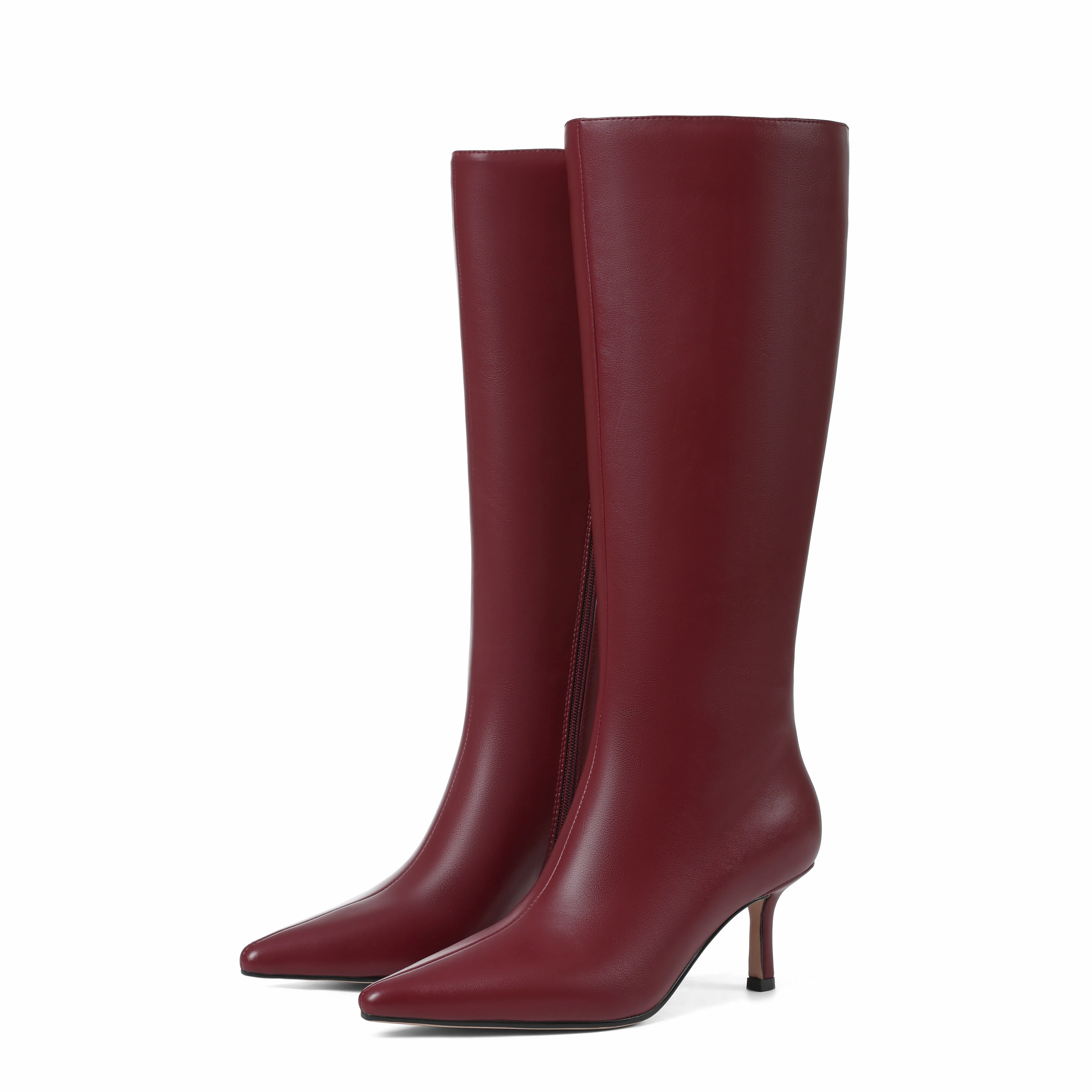 Women's Burgundy Faux Leather Knee-High Boots, Pointed Toe Stiletto High Heels, Slim Fit Side Zip for Party Look & Evening Events, Footwear Boot, Statement Shoes, Mid-Calf, Basic, Preppy, Rubber, Pointed Toe Line, Solid Hue, Stable Stiletto, Side Zip Ease