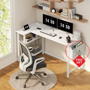 Lufeiya L Shaped Computer Desk with Power Outlet Shelves, 47 Inch Corner Desk for Home Office Bedroom, L-Shaped Study Writing Working PC Desks, Get Free Gift