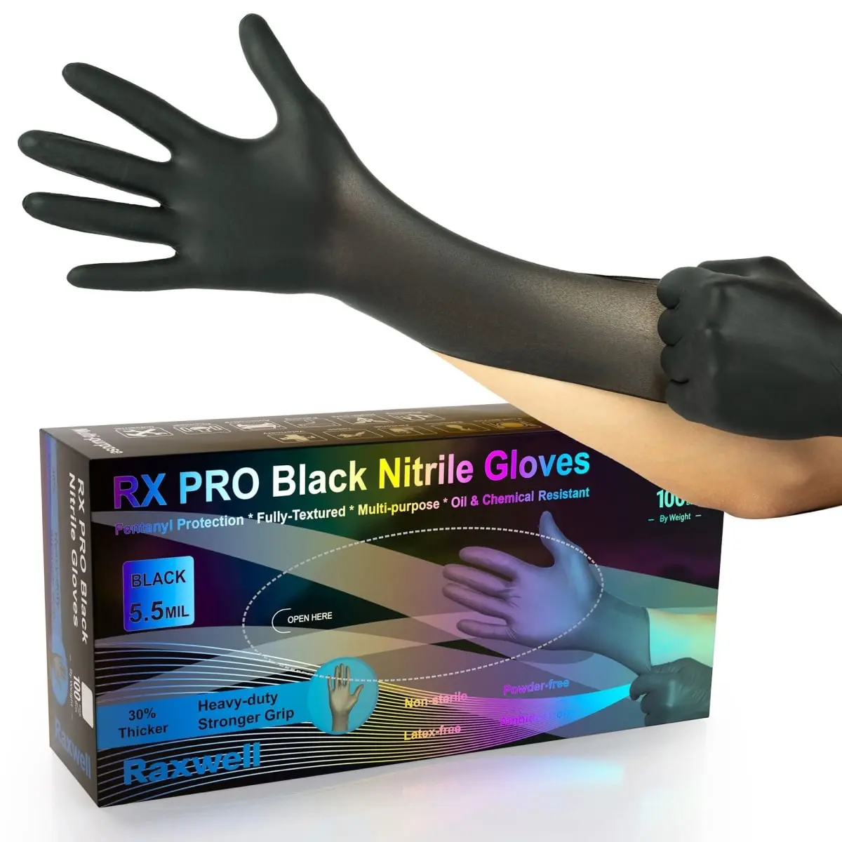 212 MAIN Raxwell RXF20245-B Nitrile Disposable Gloves - 5.5 mil RX Pro Black, Small, Ambidextrous Cleaning Gloves, Food Safe, 10 Boxes of 100, Everyday Heroes Hand Protection