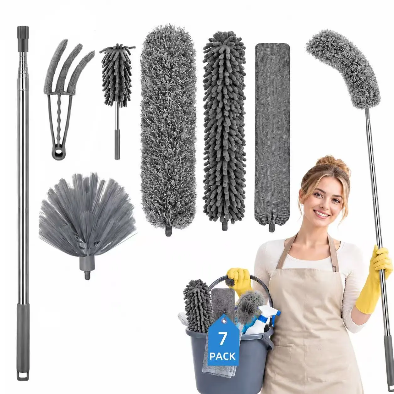 Microfiber Duster Cleaning Kit with Extendable Pole, Bendable Head, Ceiling Fan Tool, Cobweb Remover, Crevice Brush, Handle Dusters for High Ceilings, Blinds, Hard-to-Reach Areas, With Handle Dusters/Duster Heads