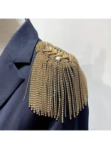 2pcs Rhinestone Tassel Shoulder Epaulet Spike Chain Shoulder Badge Brooch Pins for Man Woman Apparel