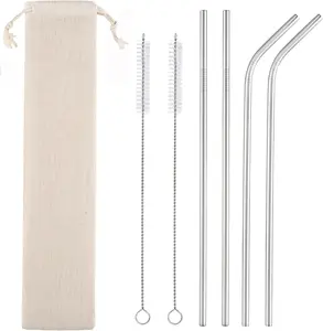Set of 4 Reusable Metal Straws 10.5'' Long Stainless Steel with Cleaning Brushes and Case for 30 oz & 20 oz Tumblers Healthy Safe Dishwasher Safe Eco-friendly BPA Free