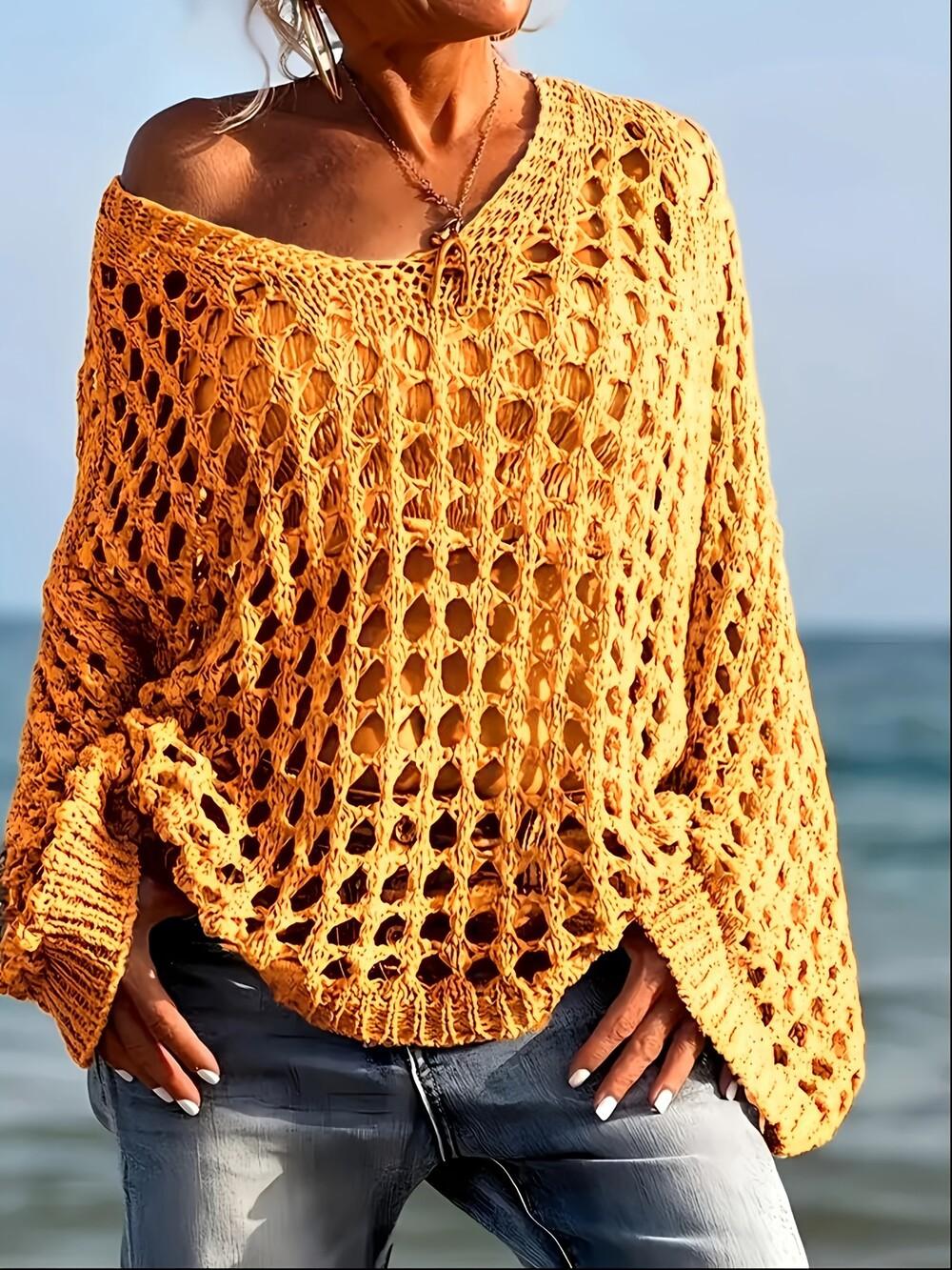 Women's Boho Crochet Oversized Sweater - Sexy Hollow Out V-Neck Mesh Knit Pullover Beach Cover Up, Lightweight Loose Batwing Sleeve Summer Jumper
