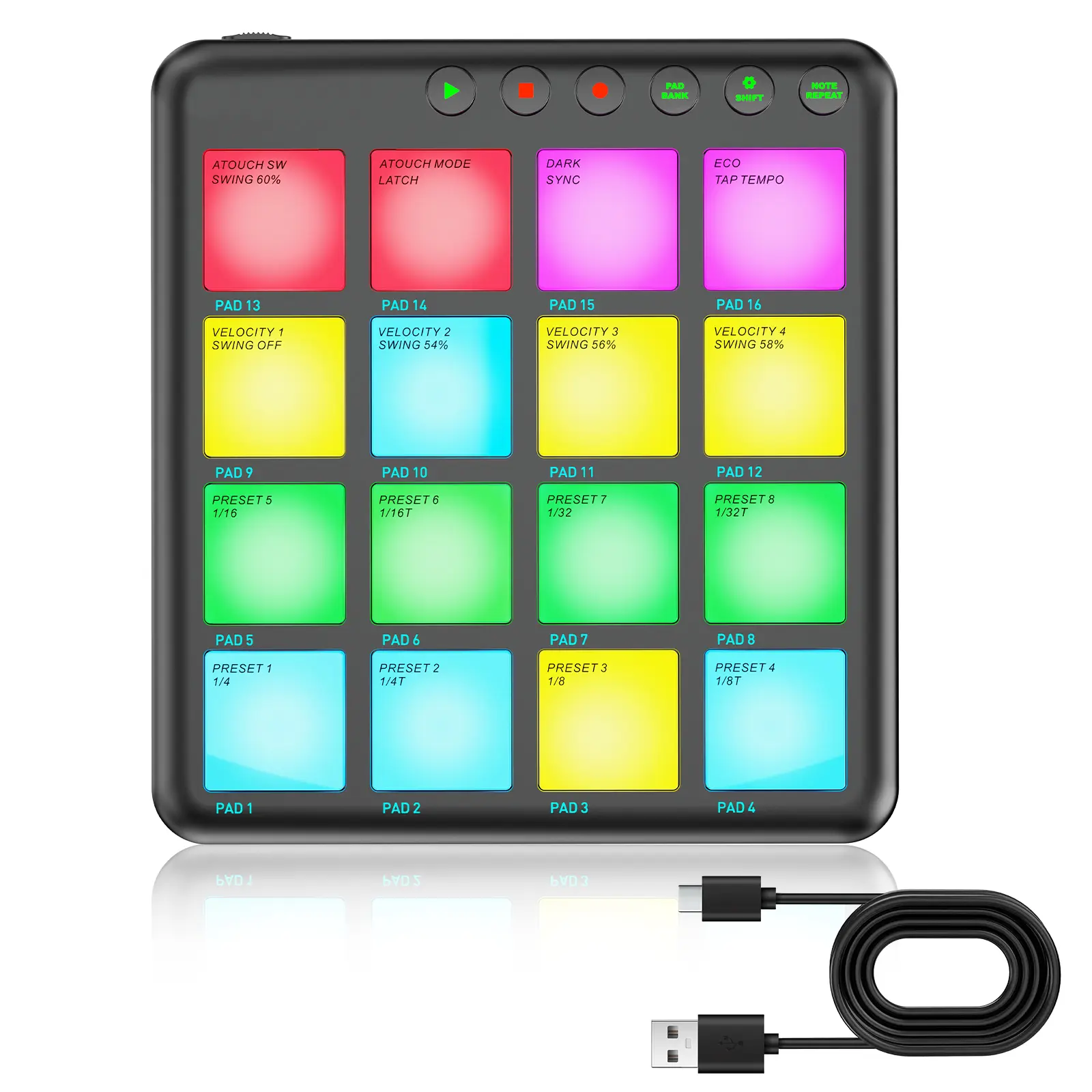 Wireless MIDI Pad Controller - 16 RGB Beat Pads, Portable Music Production Accessory for Beginners, Compatible with Laptops, Tablets, Phones