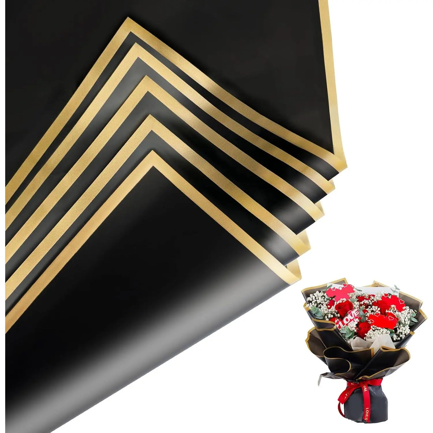 20 Sheets Floral Wrapping Paper,  Bouquet Wrapping, 22.8x22.8IN, Florist Supplies Packaging Paper, DIY  Box, Wedding & Birthday Gifts,  Edge (Black)