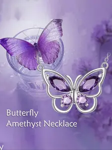 Women's Butterfly Wonderful Necklace, 925 Sterling Silver Crystal Pendant, Birthstone Amethyst Jewelry Gift, Elegant Fashion Accessory