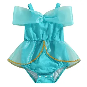 Infant Baby Girl Mesh Tutu Romper Princess Clothes Sleeveless Off Shoulder Tulle Jumpsuit Jasmine Costume Birthday Party Dress Up