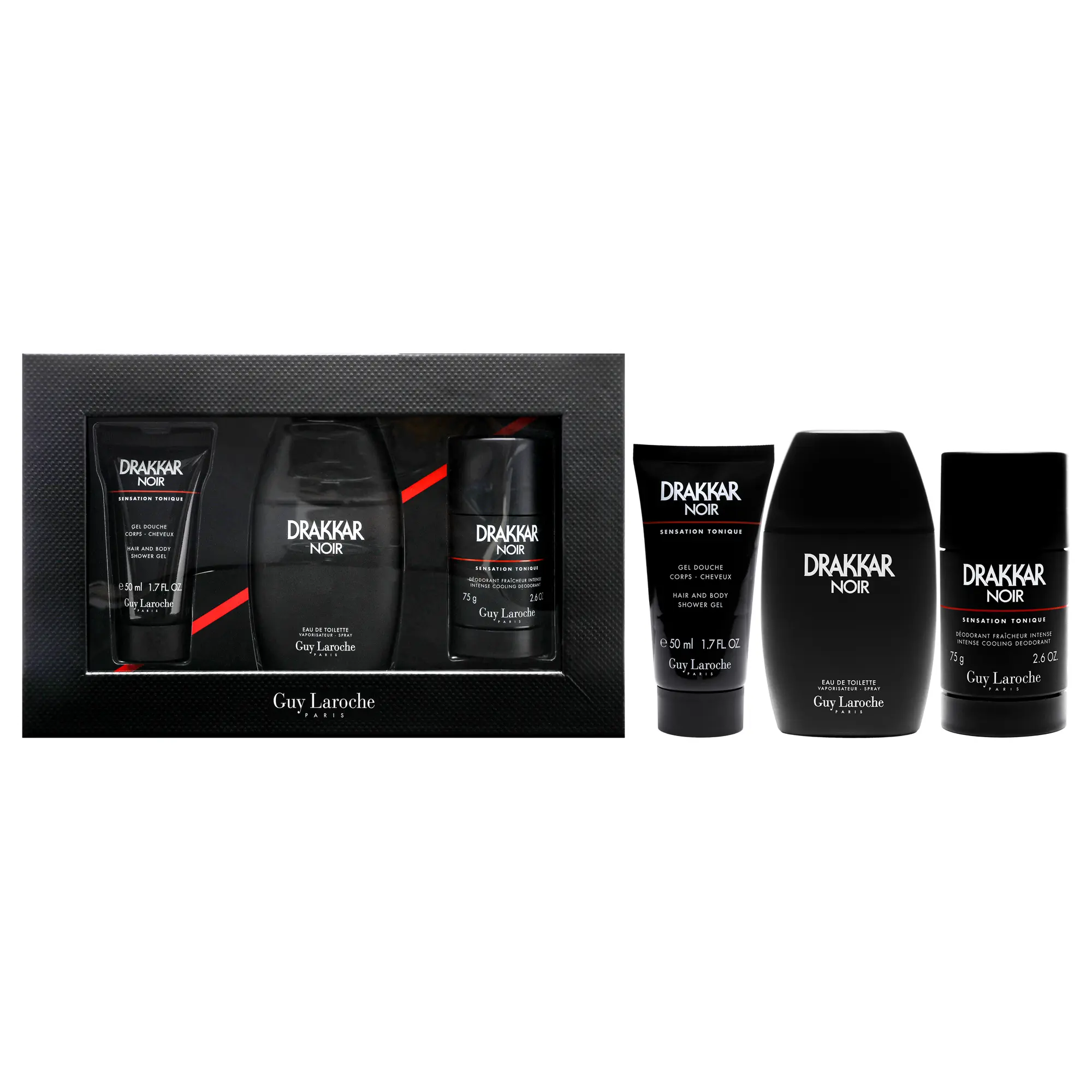 Drakkar Noir - 2021 by Guy Laroche for Men - 3 Pc Gift Set 3.4oz EDT Spray, 2.6oz Deodorant Stick, 1.7oz Shower Gel