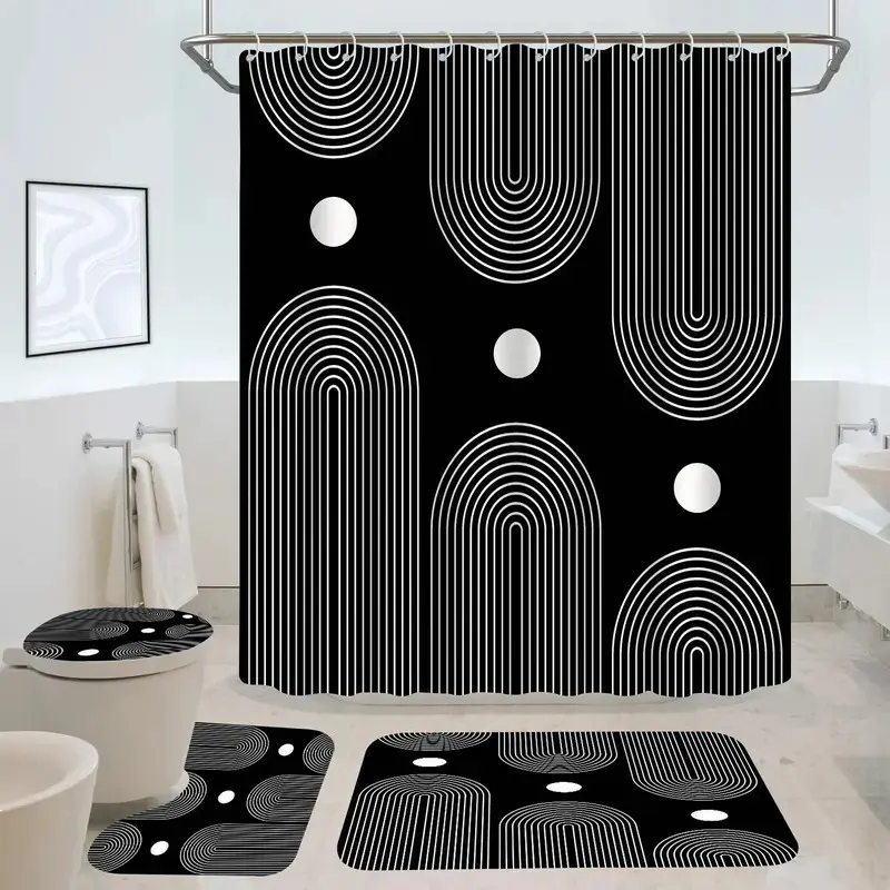 1/4pcs Geometric Pattern Shower Curtain Set, Shower Essentials, Bathroom Accessory, including shower curtain, toilet seat cover, rectangular mat, and U-shaped mat, perfect for bathroom décor, beautifying the space. Comes with 12 shower curtain hooks.