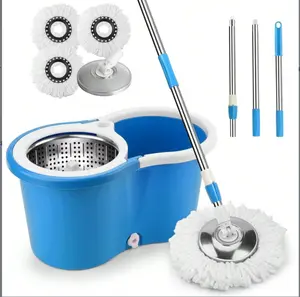 360° Rotating Telescoping Handle Mop System with Integrated Wringer Bucket & Microfiber Round Mop Head for Efficient Ergonomic Floor Cleaning Kitchen Stainless Steel