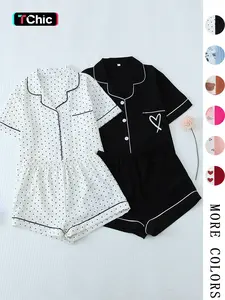 Women's All Over Print Woven Casual Loungewear Set, Contrast Binding Pocket Button Top & Elastic Shorts Pajama Set, Ladies Summer Pjs Nightwear