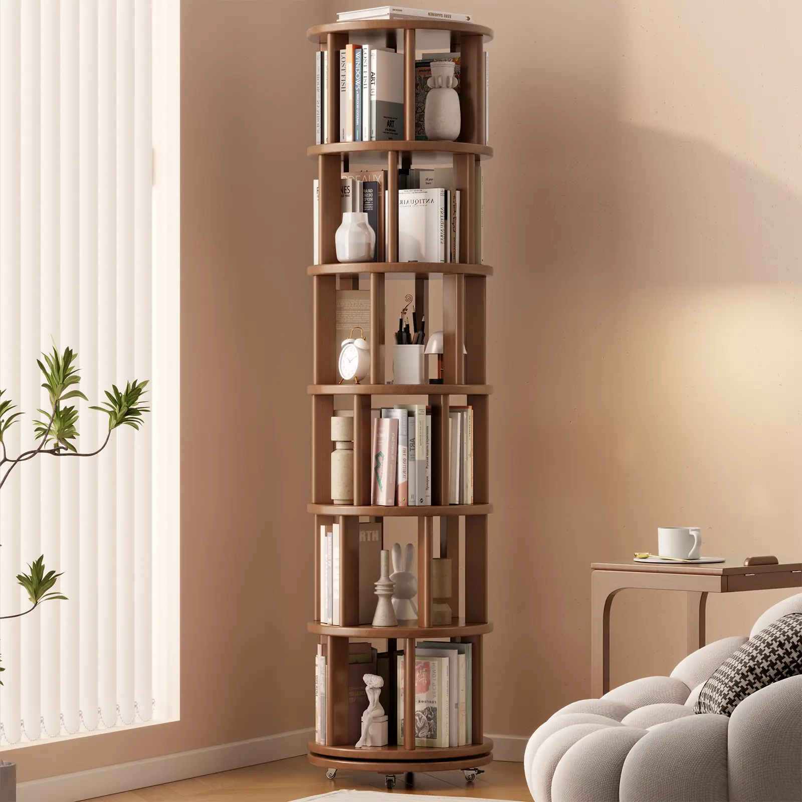 【Summer】Solid Wood Rotating Bookshelf with Brake Wheels, 360° Display 6 Tier Floor Stackable Spinning Bookshelf Tower for Kids & Adults, Revolving Bookcase for Small Space, Corner