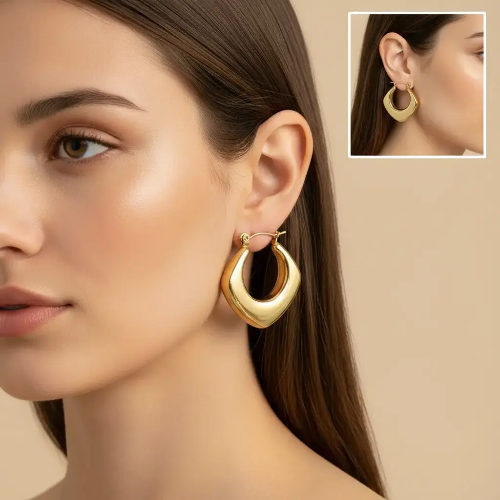 Geometric Diamond Hoop Earrings for Women, 14K Gold Plated Titanium Steel Lightweight Hollow Statement Hoops, Tarnish Free Hypoallergenic Modern Earrings, Trendy Bold Fashion Jewelry jewellery